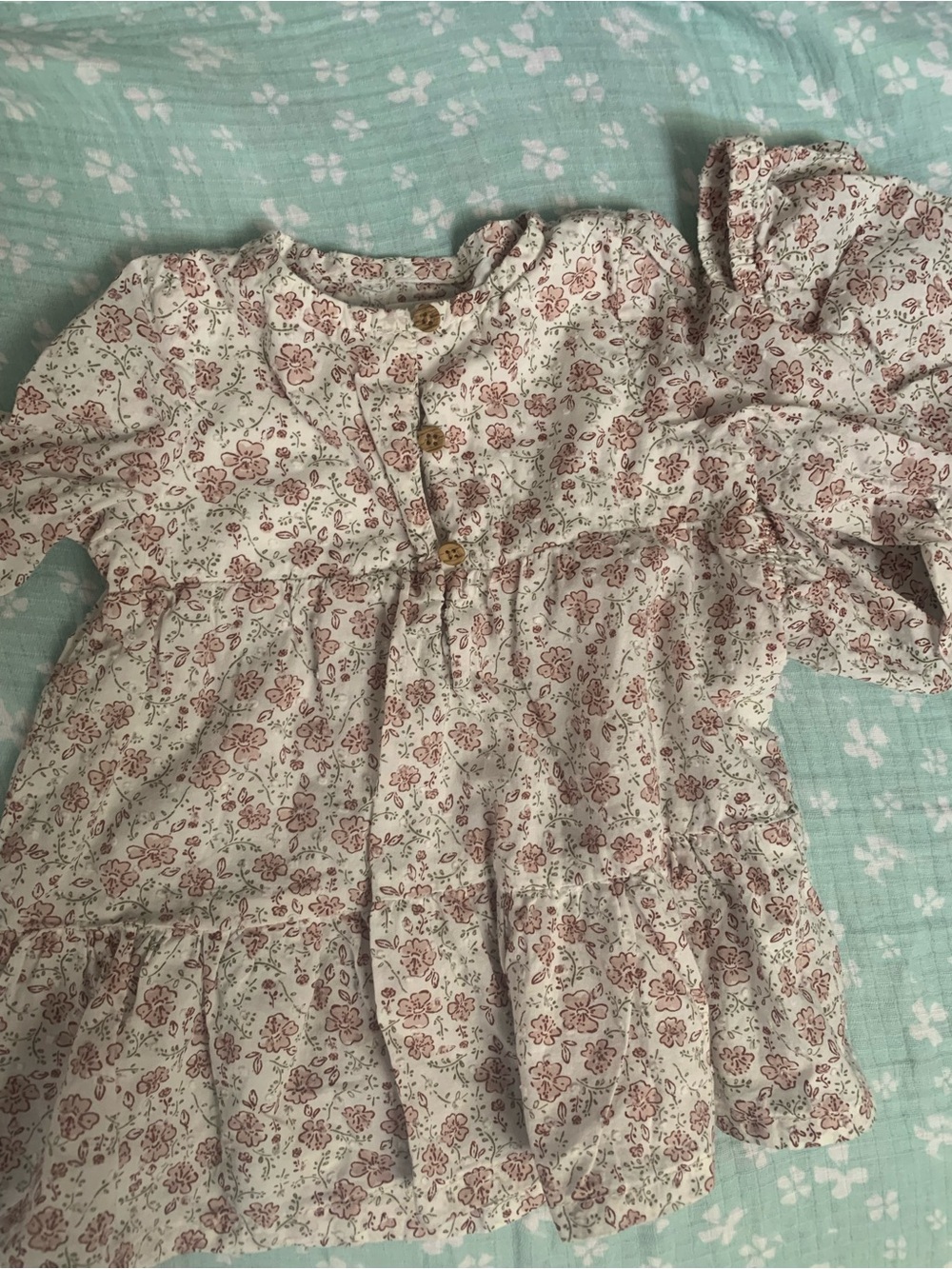 Girls' Floral Button-Front Cream Dress with Pink Print